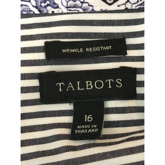 Talbots Size 16 Grey White Stripe Button Front Top Wrinkle Resistant Flip Cuff - Picture 8 of 9